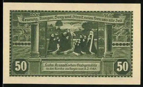 Notgeld Hoym, 1921, 50 Pfennig, Darstellung der Ludw. Franck`schen Grabgemälde und Ansichten von Hoym