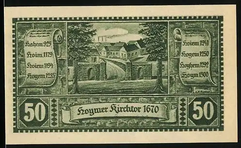 Notgeld Hoym 1921, 50 Pfennig, Hoymer Kirchtor 1670 und Hoym i/Anhalt