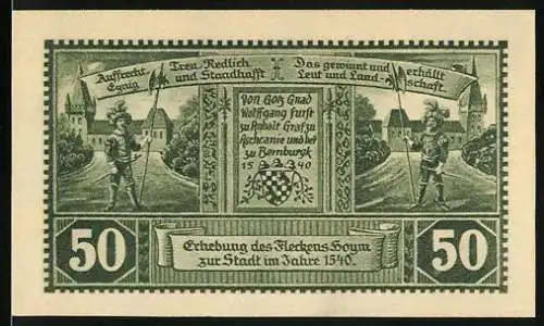 Notgeld Hoym i/Anhalt, 1921, 50 Pfennig, Erhebung des Fleckens Hoym zur Stadt im Jahre 1540