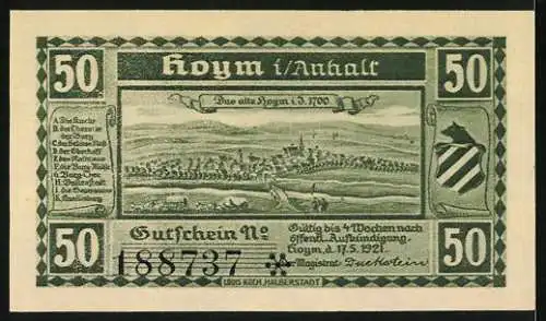 Notgeld Hoym i/Anhalt, 1921, 50 Pfennig, Erhebung des Fleckens Hoym zur Stadt im Jahre 1540