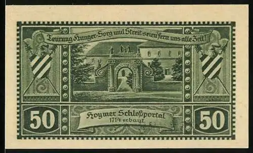 Notgeld Hoym 1921, 50 Pfennig, Schlossportal und Stadtansicht