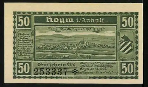 Notgeld Hoym 1921, 50 Pfennig, Schlossportal und Stadtansicht