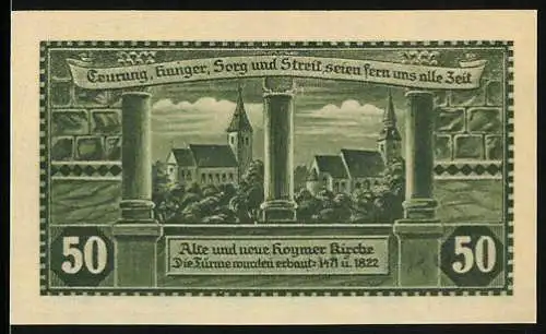 Notgeld Hoym 1921, 50 Pfennig, Alte und neue Hoymer Kirche und das alte Hoym im Jahr 1700