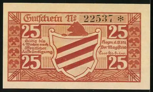 Notgeld Hoym, 1921, 25 Pfennig, landwirtschaftliche Szene, Stadtwappen mit Bär