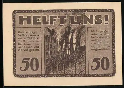 Notgeld Leipzig, 1922, 50 Pfennig, Volkshaus in Brand und Volkshaus-Gutschein