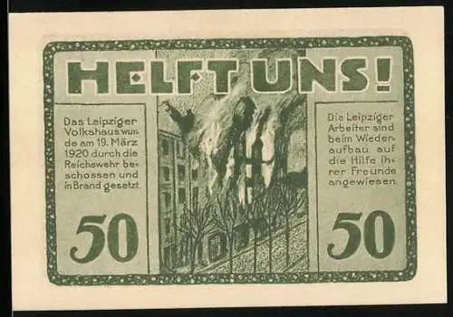 Notgeld Leipzig, 1922, 50 Pfennig, Helft uns! und Volkshaus-Gutschein, brennendes Leipziger Volkshaus