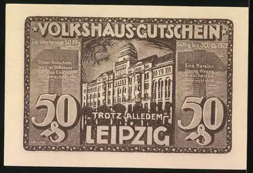 Notgeld Leipzig, 1922, 50 Pfennig, Helft uns! und Volkshaus-Gutschein, brennendes Leipziger Volkshaus