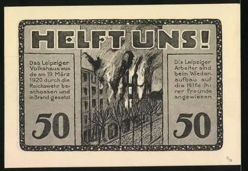 Notgeld Leipzig, 1922, 50 Pfennig, Volkshaus-Gutschein mit Gebäudemotiv und Helft Uns!-Aufruf