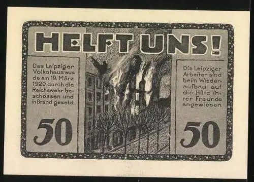 Notgeld Leipzig, 1922, 50 Pfennig, Volkshaus-Gutschein mit Gebäude und Aufruf zur Unterstützung nach Brand