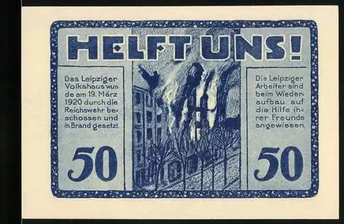 Notgeld Leipzig, 1922, 50 Pfennig, Helft uns! und Volkshaus Leipzig Abbildung