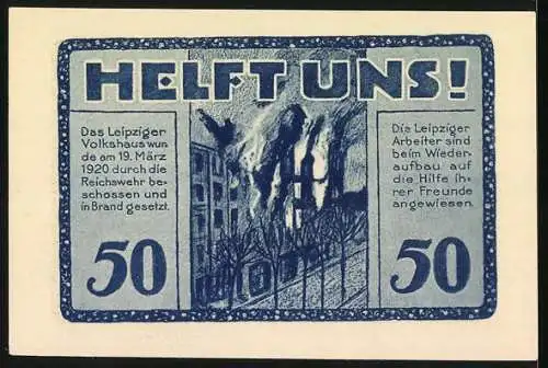 Notgeld Leipzig, 1922, 50 Pfennig, Volkshaus-Gutschein mit Gebäudeabbildung und Helft uns!-Appell