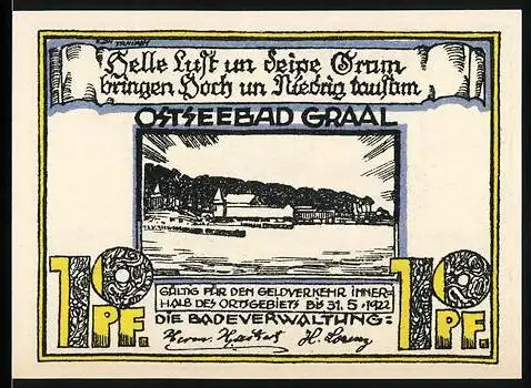 Notgeld Ostseebad Graal, 1921, 10 Pf, Helle Luft und Seebrücke Illustration