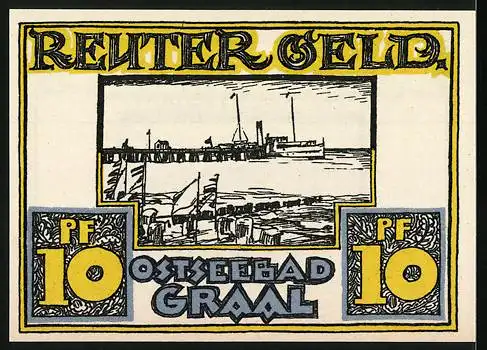 Notgeld Ostseebad Graal, 1921, 10 Pf, Helle Luft und Seebrücke Illustration