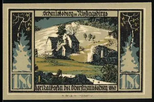 Notgeld Schmiedeberg im Riesengebirge, 1 Mark, Landschaft und Denkmal