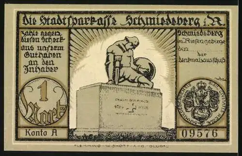 Notgeld Schmiedeberg im Riesengebirge, 1 Mark, Landschaft und Denkmal