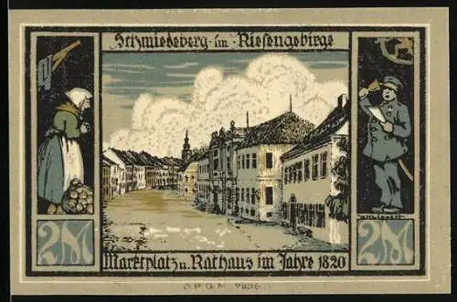 Notgeld Schmiedeberg, 2 Mark, Marktplatz u. Rathaus, Denkmalaufschrift Kaiser Friedrich III 1888