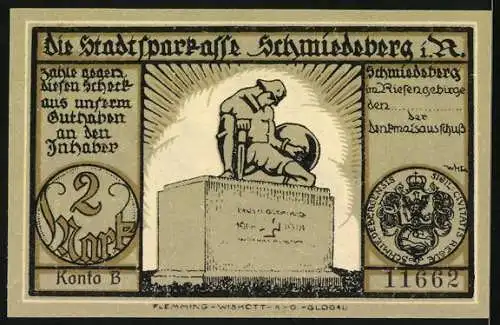 Notgeld Schmiedeberg, 2 Mark, Marktplatz u. Rathaus, Denkmalaufschrift Kaiser Friedrich III 1888