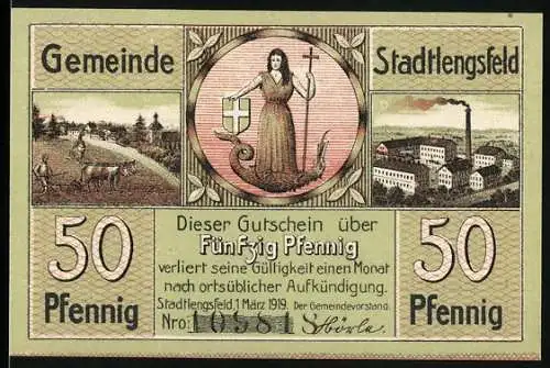 Notgeld Stadtlengsfeld 1919, 50 Pfennig, Landwirtschaft und Industrie, Kriegsmahnmal