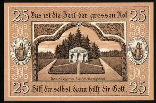 Notgeld Stadtlengsfeld, 1919, 25 Pfennig, Das Kriegsmahl für Stadtlengsfeld und Siegel der Stadtgemeinde