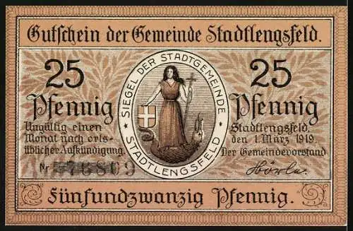 Notgeld Stadtlengsfeld, 1919, 25 Pfennig, Das Kriegsmahl für Stadtlengsfeld und Siegel der Stadtgemeinde