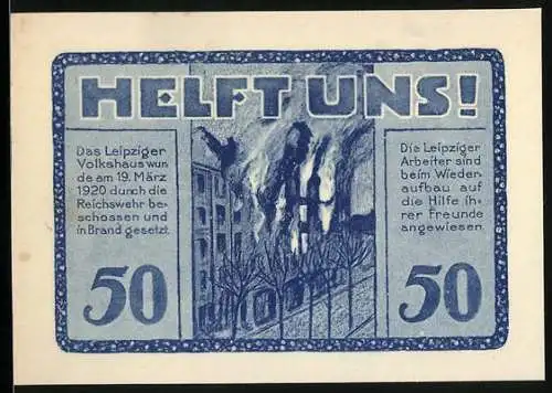 Notgeld Leipzig, 1922, 50 Pfennig, Volkshaus-Gutschein mit brennendem Gebäude und Stadtansicht