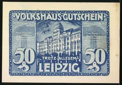 Notgeld Leipzig, 1922, 50 Pfennig, Volkshaus-Gutschein mit brennendem Gebäude und Stadtansicht