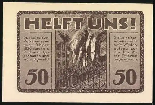 Notgeld Leipzig, 1922, 50 Pfennig, Volkshaus-Gutschein Trotz Alledem und Helft Uns!