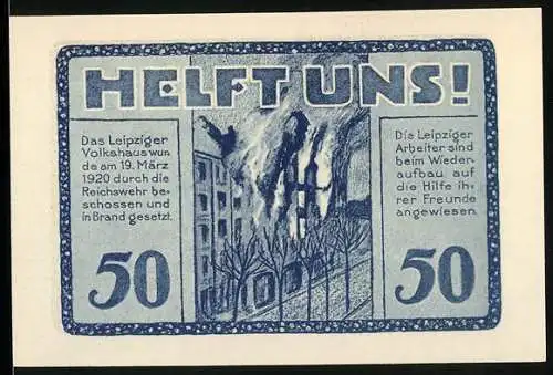 Notgeld Leipzig, 1920, 50 Pfennig, Volkshaus in Flammen und Gebäudeansicht