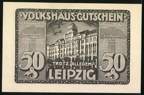 Notgeld Leipzig, 1920, 50 Pfennig, Volkshaus in Flammen und Gebäudeansicht