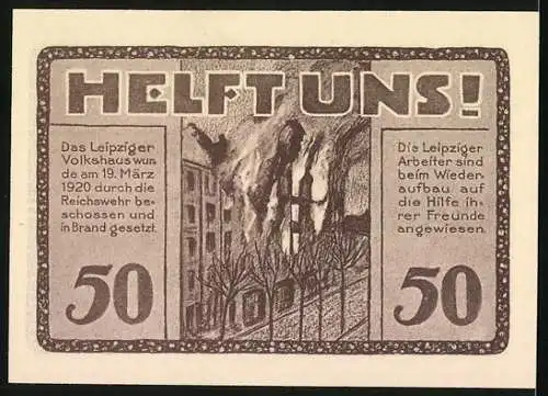 Notgeld Leipzig, 1922, 50 Pfennig, Volkshaus-Gutschein mit Gebäude und Helft uns! Aufruf