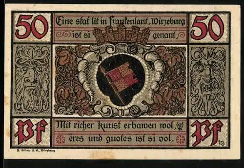 Notgeld Würzburg, 50 Pfennig, Stadtwappen und Meister Dürer, Gutschein der Stadt Würzburg, Nr. 216368