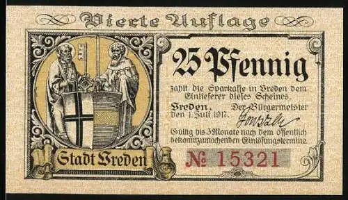 Notgeld Vreden 1917, 25 Pfennig, Vierte Auflage mit Stadtwappen und Nummer 15321