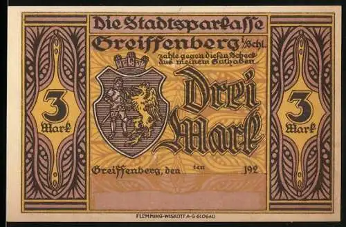 Notgeld Greiffenberg / Schlesien, 3 Mark, Die Stadtsparkasse und Rübezahl und der geizige Bäcker