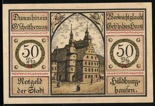 Notgeld Hildburghausen, 1921, 50 Pfennig, Stadtansicht und Wappen am Rathaus