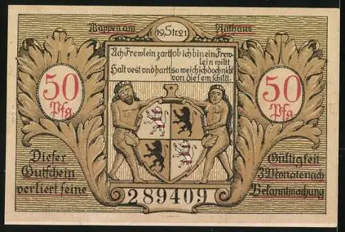 Notgeld Hildburghausen, 1921, 50 Pfennig, Stadtansicht und Wappen am Rathaus