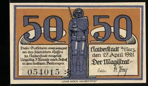 Notgeld Halberstadt 1921, 50 Pfennig, Statue und Text, Kinder und Bischof