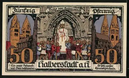 Notgeld Halberstadt 1921, 50 Pfennig, Statue und Text, Kinder und Bischof