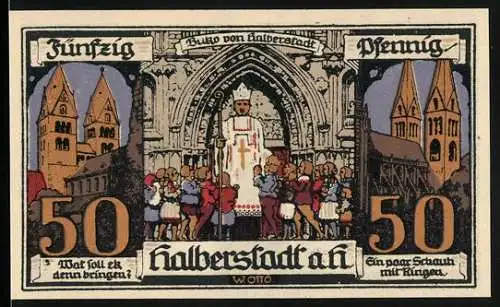 Notgeld Halberstadt a.H., 1921, 50 Pfennig, Bischof vor Kirche mit Kindern und Statue mit Schwert, Seriennummer 29916