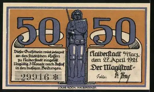 Notgeld Halberstadt a.H., 1921, 50 Pfennig, Bischof vor Kirche mit Kindern und Statue mit Schwert, Seriennummer 29916