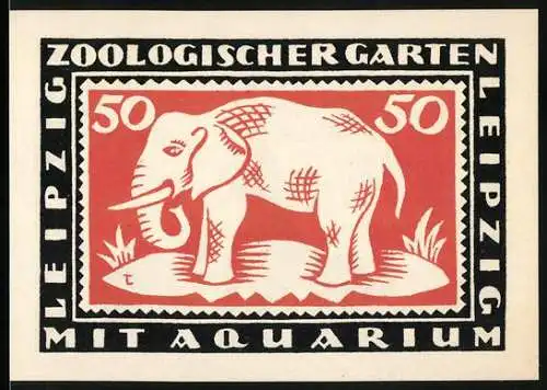 Notgeld Leipzig, 1921, 50 Pfennig, Zoologischer Garten mit Aquarium, Elefant und Gebäude