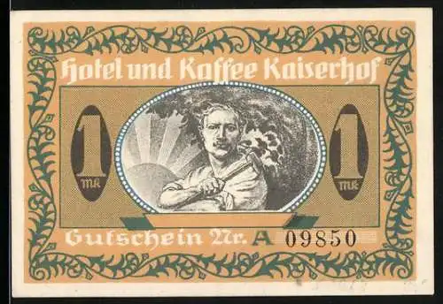 Notgeld Münster 1922, 1 Mark, Hotel und Kaffee Kaiserhof Gutschein Nr. A 09850, zwei dekorative Seiten mit Abbildungen