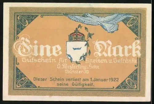 Notgeld Münster 1922, 1 Mark, Hotel und Kaffee Kaiserhof Gutschein Nr. A 09850, zwei dekorative Seiten mit Abbildungen