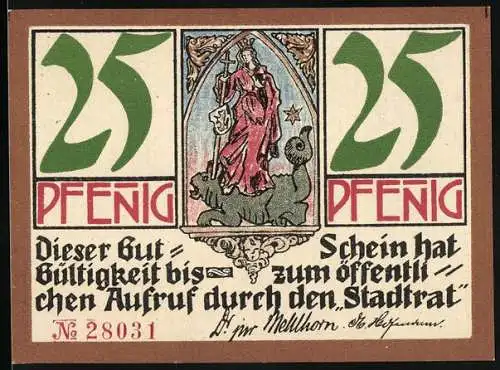 Notgeld Kahla / Thür, 25 Pfennig, Stadtwappen und Porzellanindustrie-Szenen