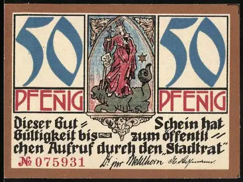 Notgeld Kahla, 50 Pfennig, Serie von Stadtansichten und Wappenmotiv