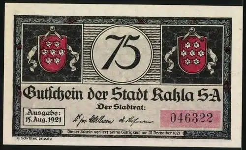 Notgeld Kahla 1921, 75 Pfennig, Gutschein der Stadt Kahla mit Burg und Wanderer