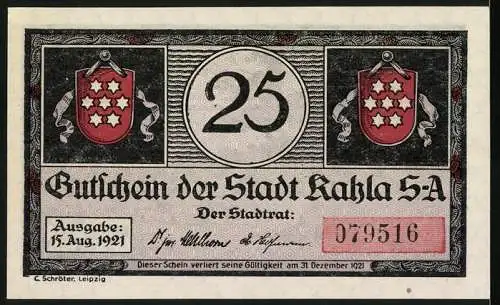 Notgeld Kahla 1921, 25 Pfennig, Tanzendes Volk und Stadtwappen, Ausgabe 15. Aug. 1921