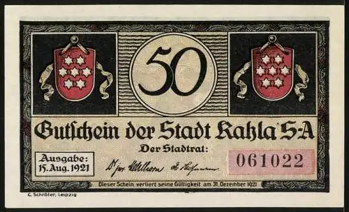 Notgeld Kahla 1921, 50 Pfennig, Musiker mit Gitarre und Menschenmenge