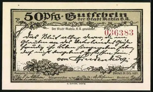 Notgeld Kahla, 1921, 50 Pfennig, Burg Leuchtenburg und handschriftlicher Text