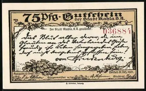 Notgeld Kahla 1921, 75 Pfennig, Gutschein der Stadt Kahla mit Ehrenhof des Leuchtenburg-Ehrenmals