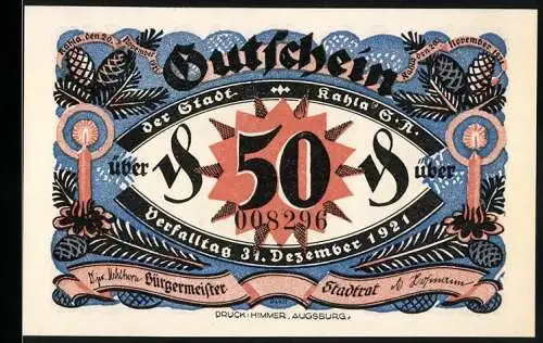 Notgeld Kahla 1921, 50 Pfennig, Gutschein der Stadt mit Weihnachtsmotiven, Heilige Drei Könige und Jesuskind